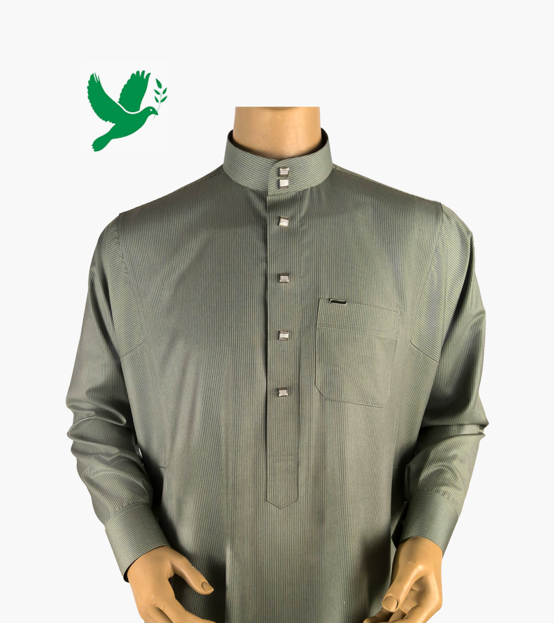 Main image of Traditional Muslim Clothing Fine-Striped Green Saudi Thobe with Standing Collar and Square Buttons