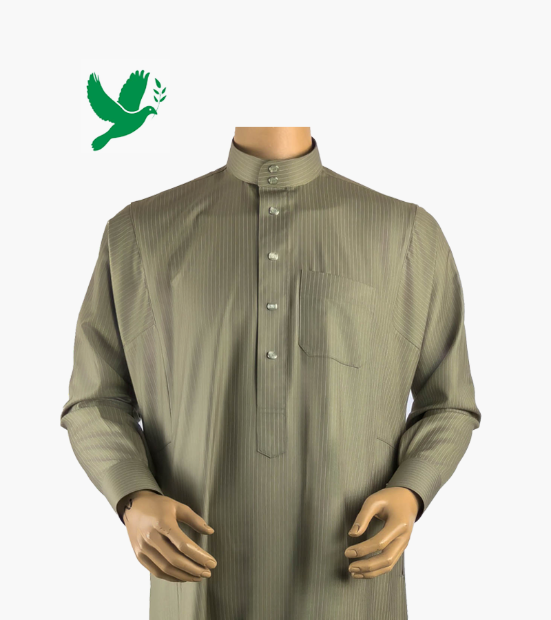 Main image of Elegant Green Striped Saudi Thobe with Stand Collar