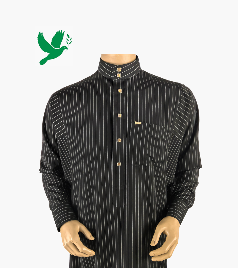 Main image of Mandarin Collar Striped Black Saudi Thobe | Premium Arabic Attire for Men