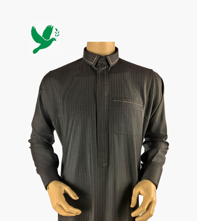 Main image of Fashionable Taupe Striped Saudi Thobe with Elegant Small Shirt Collar