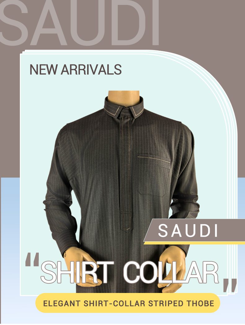 Fashionable Taupe Striped Saudi Thobe with Elegant Small Shirt Collar