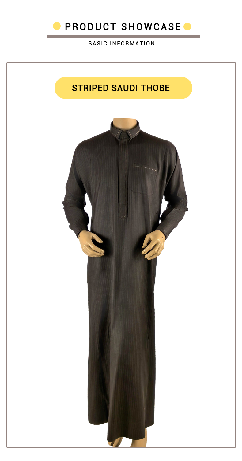 Front view of Fashionable Taupe Striped Saudi Thobe with Elegant Small Shirt Collar